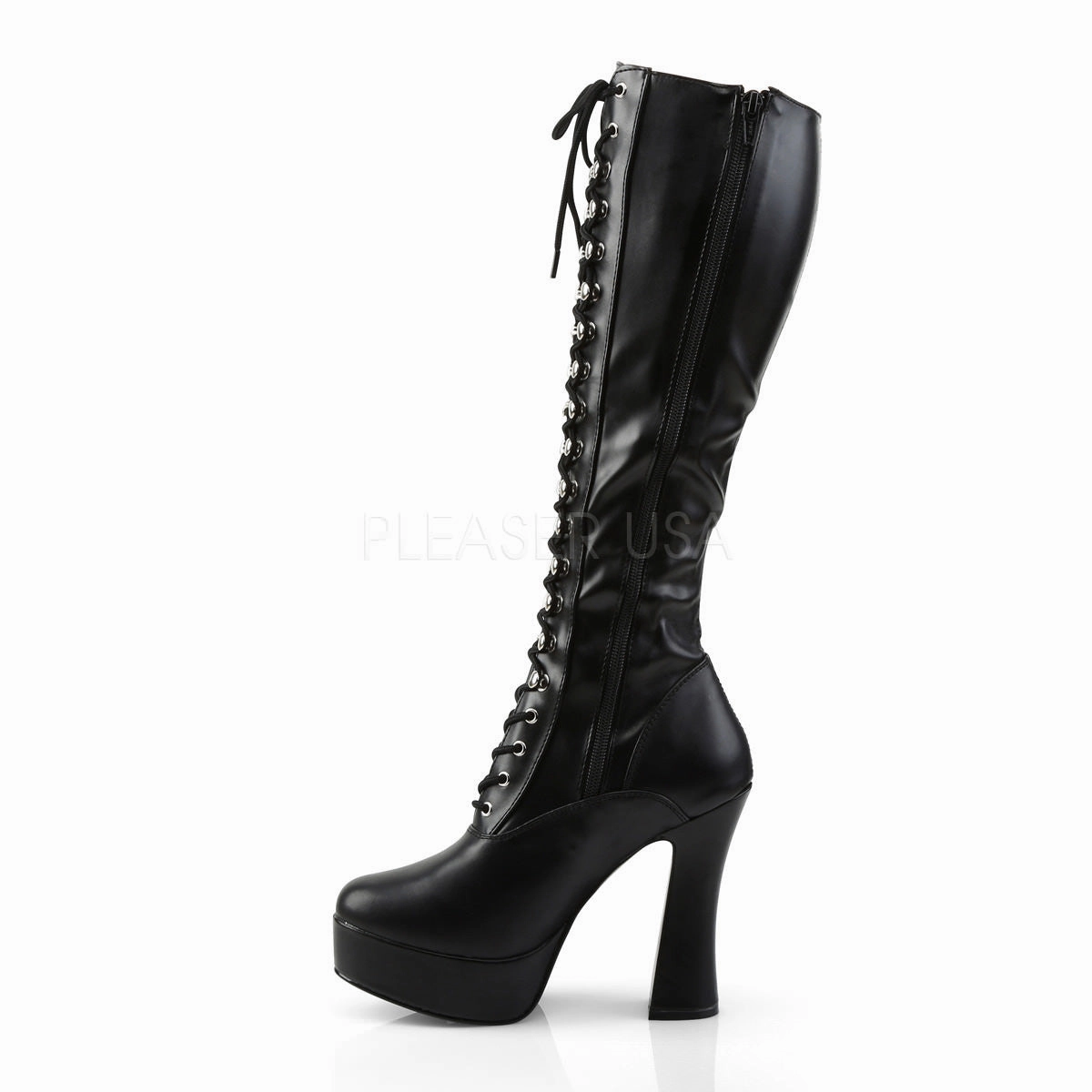 5 Inch Heel ELECTRA-2023 Black Stretch Pu Biker Boots Knee High