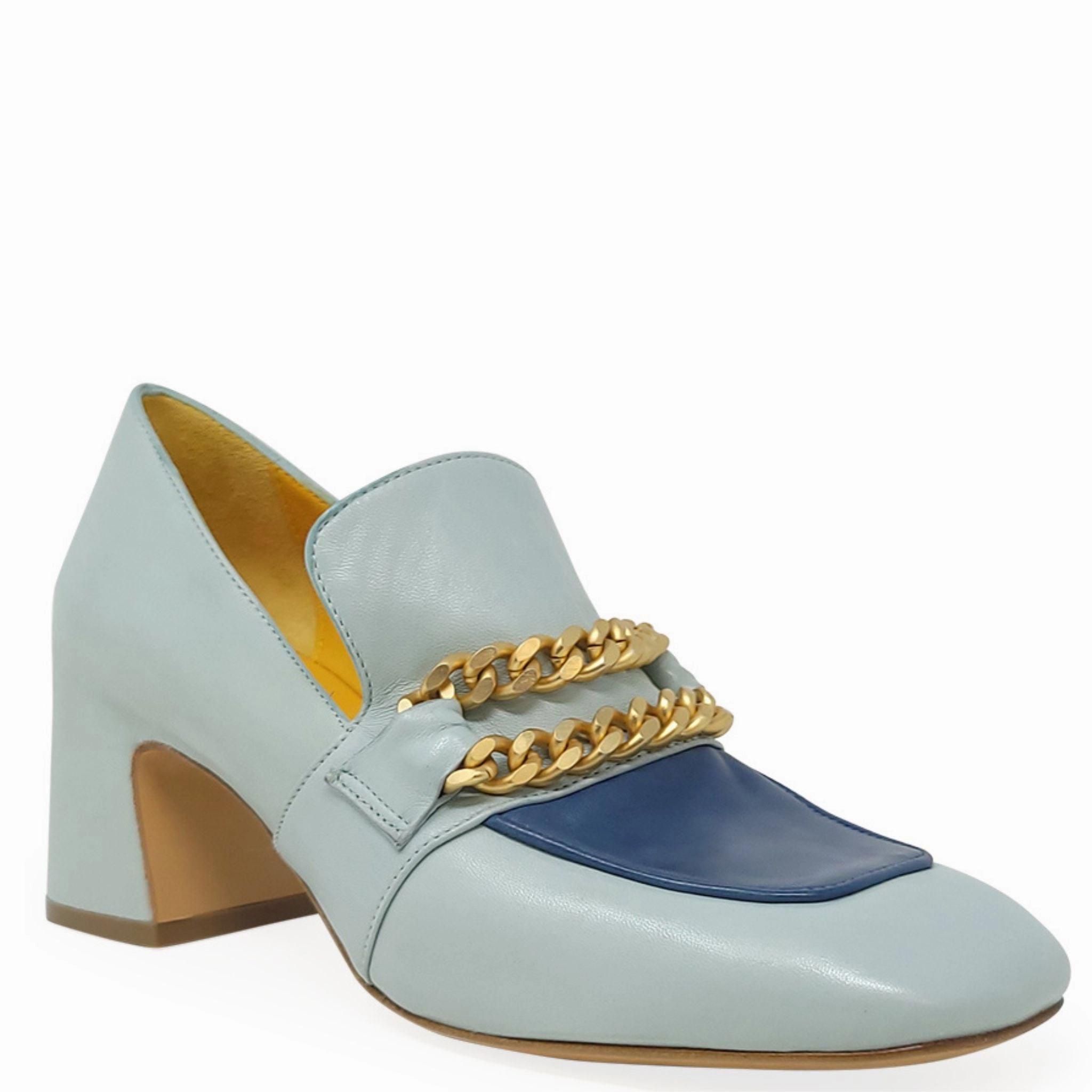 Turq/Blue Leather Mid Heel Loafer W/Chain Knit Oxfords