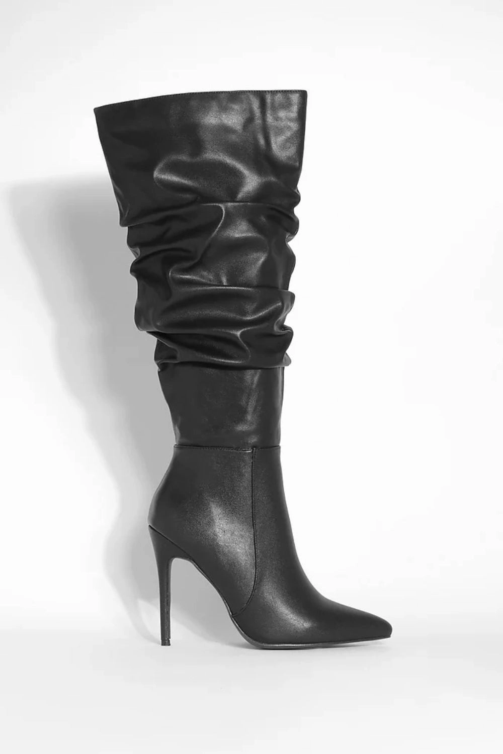 Black PU Ruched Stiletto Heel Pointed Toe Knee High Boots Knee High Boot Inserts
