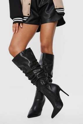 Suede Knee High Boots Black PU Ruched Stiletto Heel Pointed Toe Knee High Boots