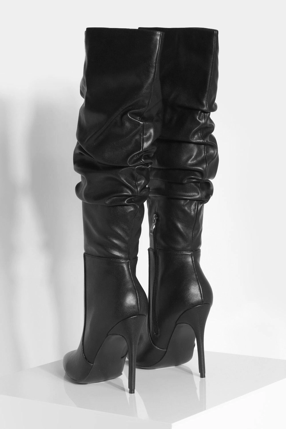 Duck Rain Boots Knee High Black PU Ruched Stiletto Heel Pointed Toe Knee High Boots