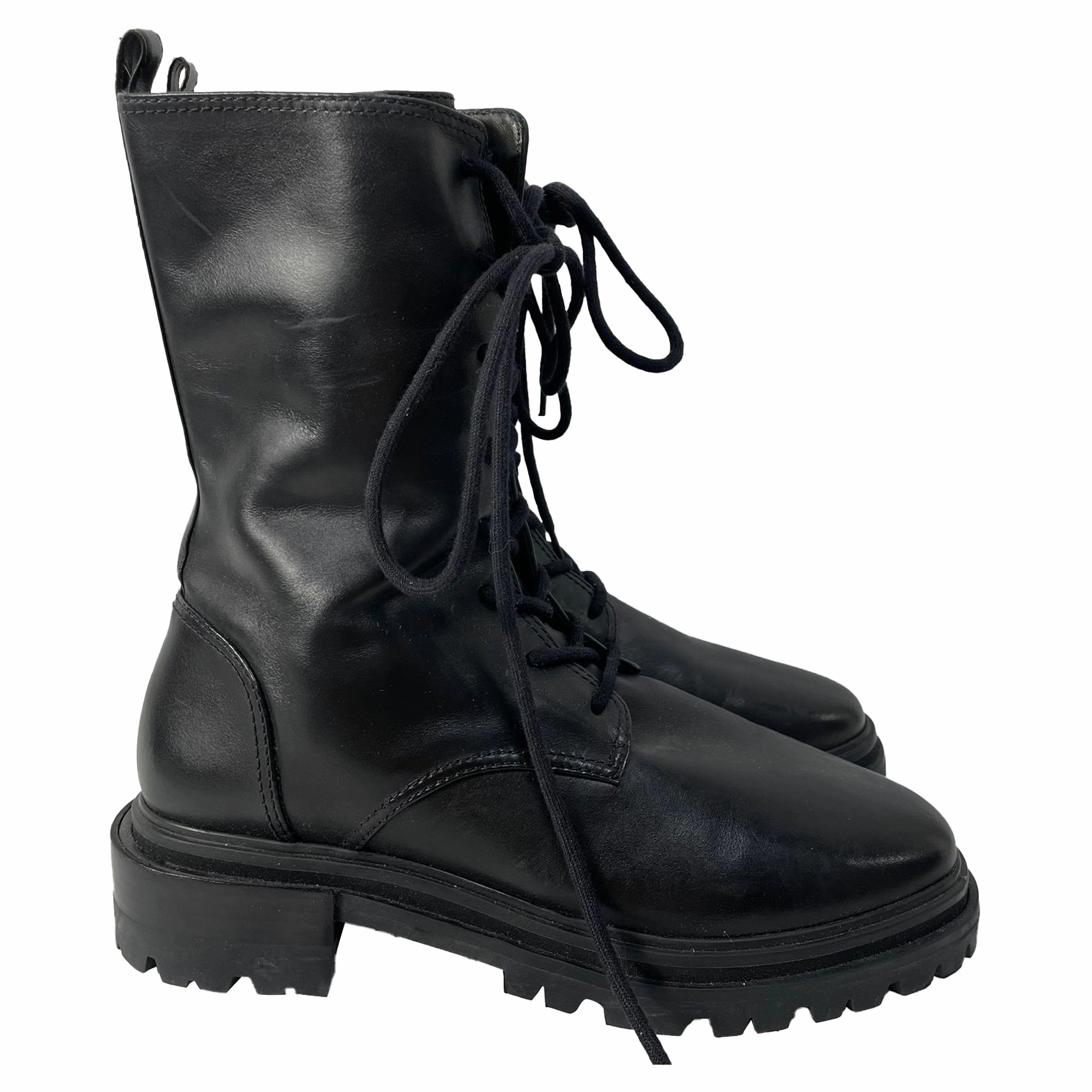 Biker Combat Boots Porte & Paire Lace-Up Ankle Combat Boots in Black Leather