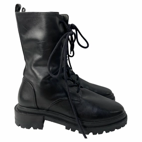 Porte & Paire Lace-Up Ankle Combat Boots in Black Leather Plain Combat Boots