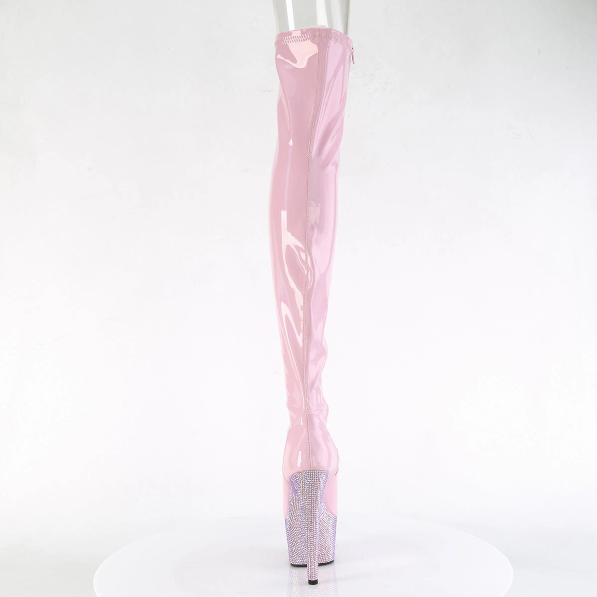 Boots Knee High Small Heel 7 Inch Heel BEJEWELED-3011-7 Baby Pink Stretch Holo
