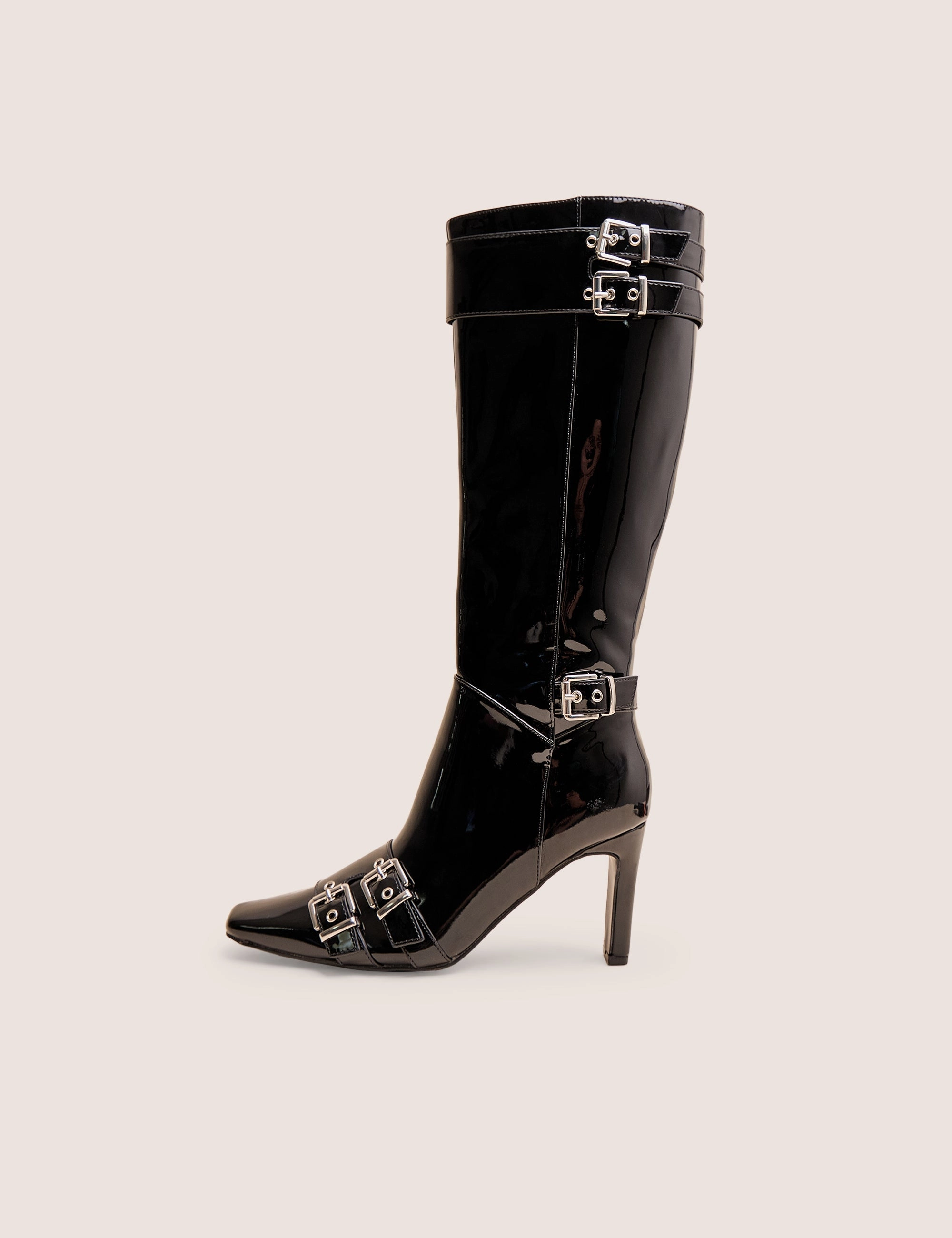 Knee High Boots Leather Ines Black Patent Buckle Detail Knee High Heeled Boots