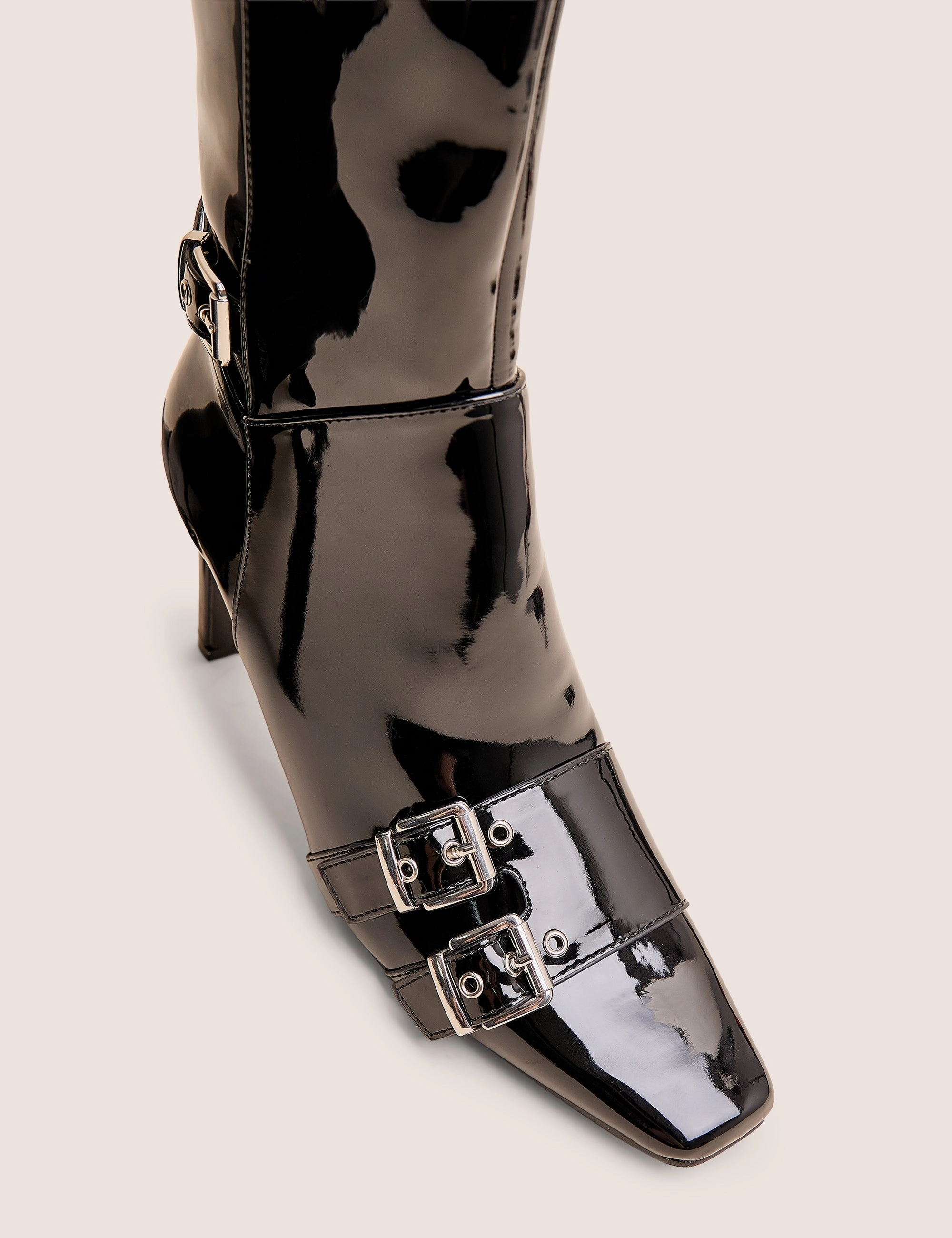High Knee Boots Low Heel Ines Black Patent Buckle Detail Knee High Heeled Boots