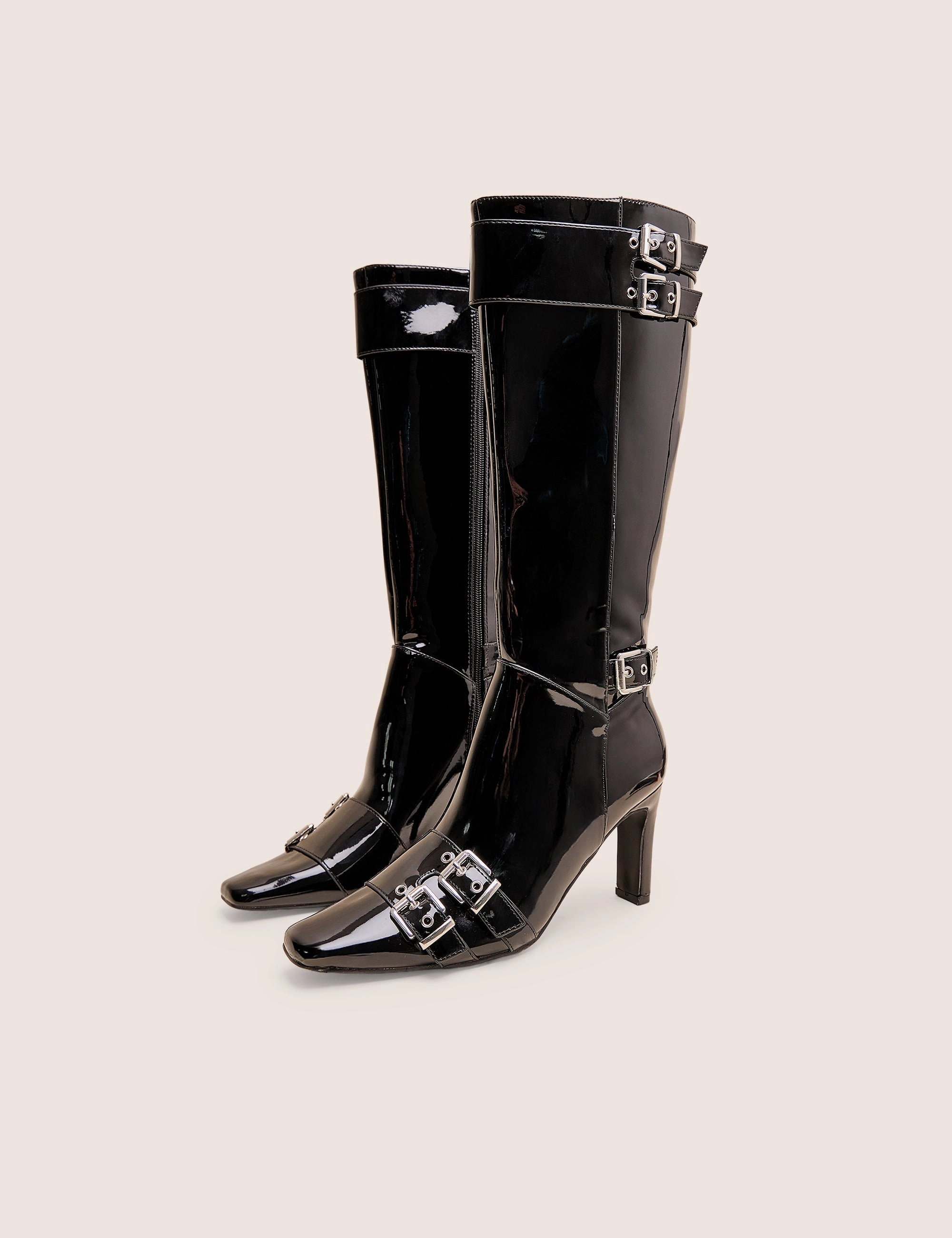 Ines Black Patent Buckle Detail Knee High Heeled Boots Knee High Croc Leather Boots