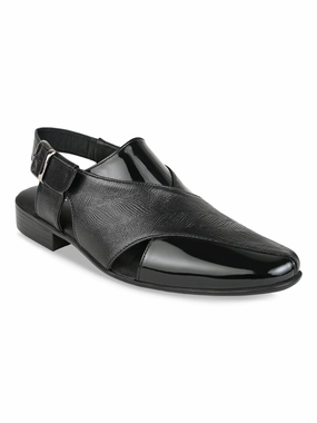 Regal Black Men Textured Leather Slip On Sandals Huaraches Sandals