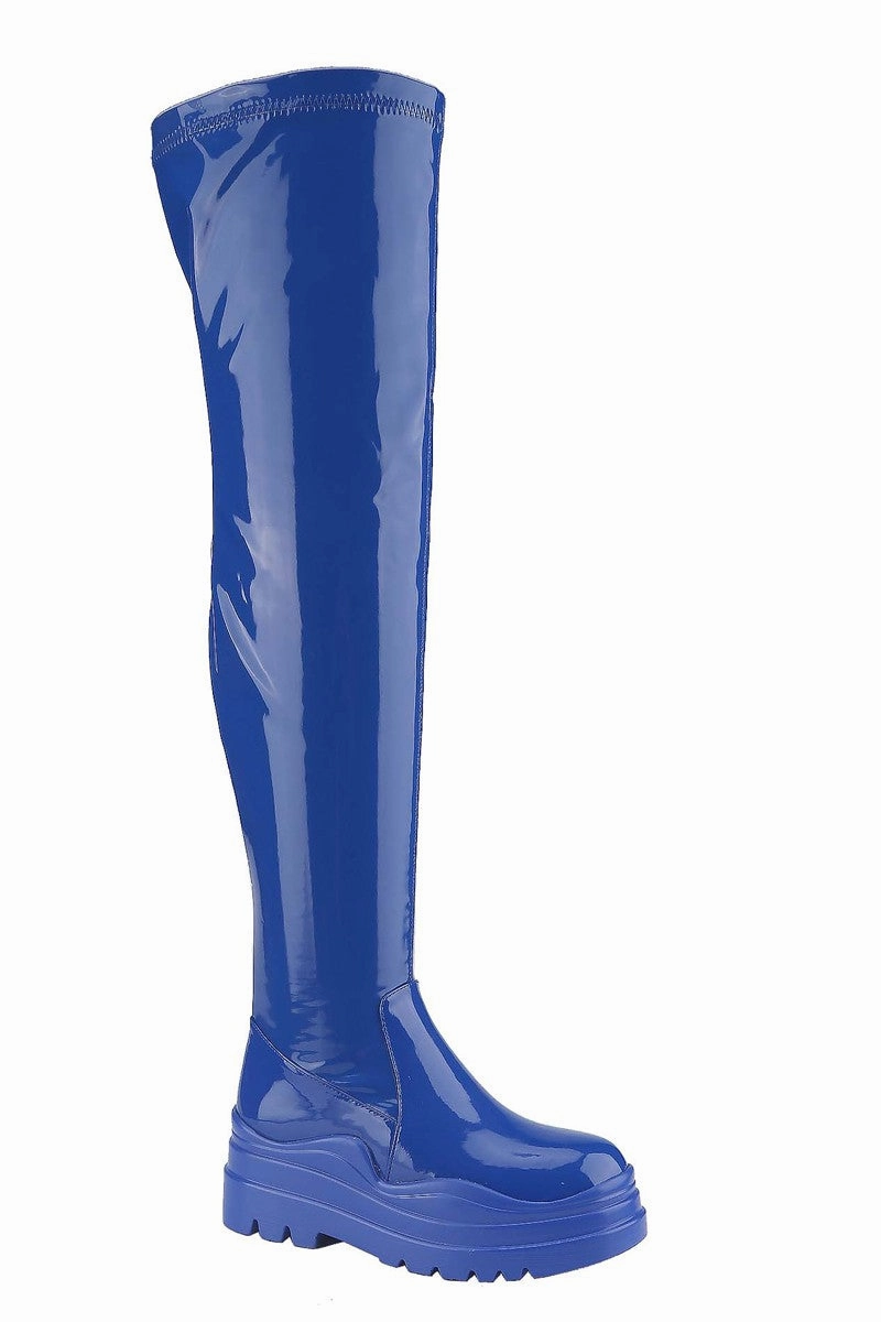 CITY-2 Blue Patent Knee High Boots And A Dress