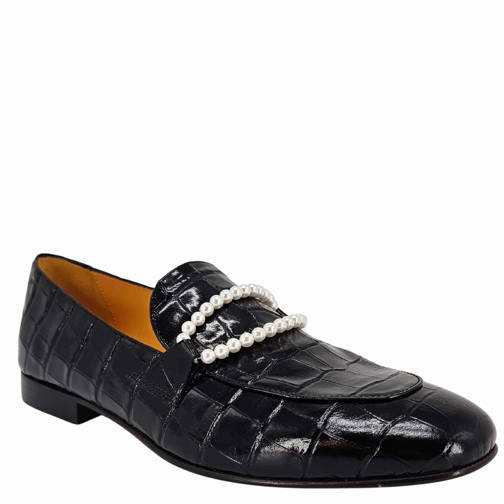Moretti Ashland Ii Knit Wingtip Oxfords Black Leather Croc Embossed Pearl Flat Loafer