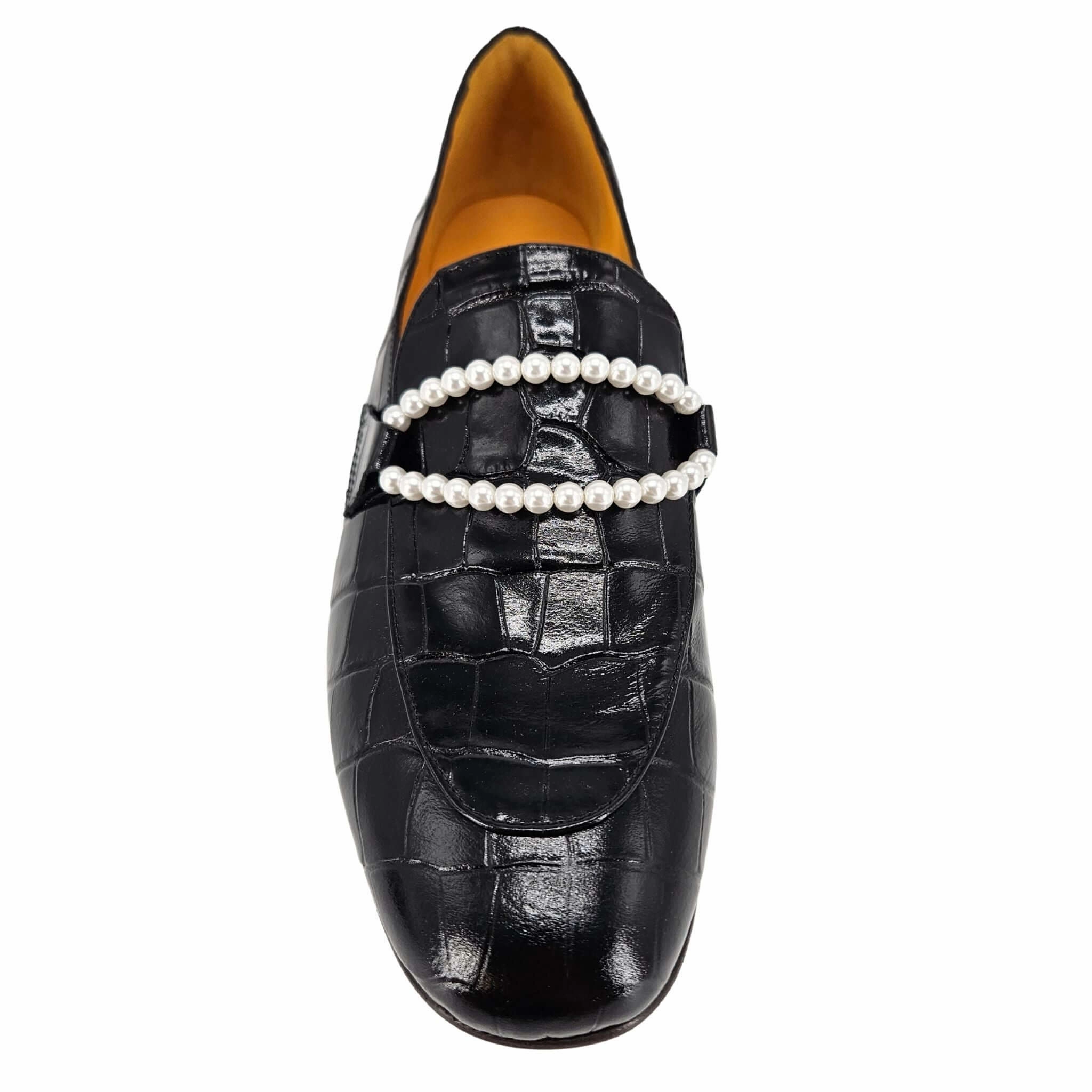 Oxford Ferragamo Black Leather Croc Embossed Pearl Flat Loafer