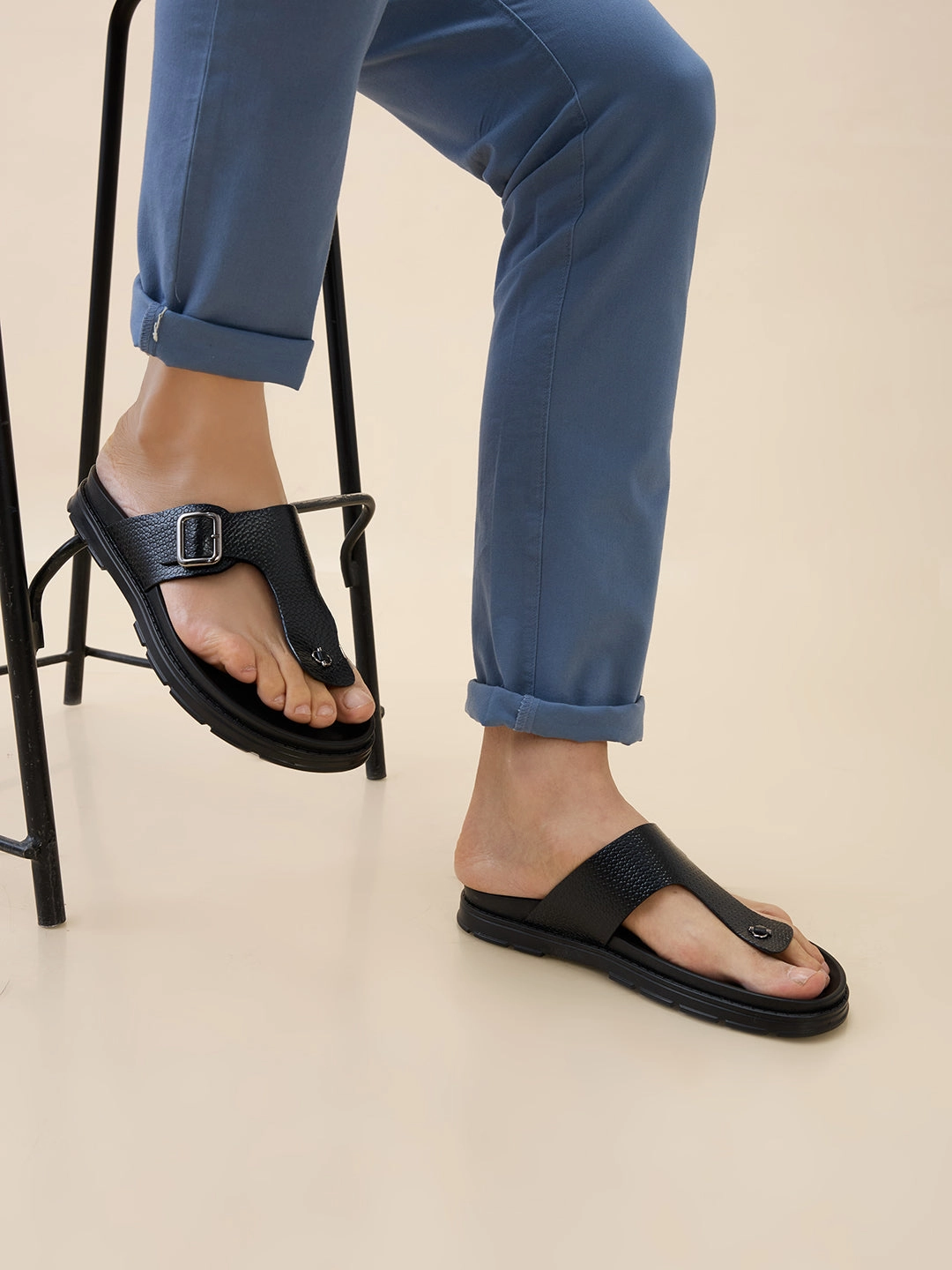 Plasticana Jelly Sandals Regal Black Men Smart Casual Textured Leather Sandals