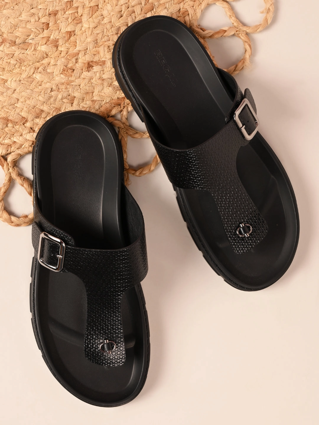 Regal Black Men Smart Casual Textured Leather Sandals Denim Slide Sandals