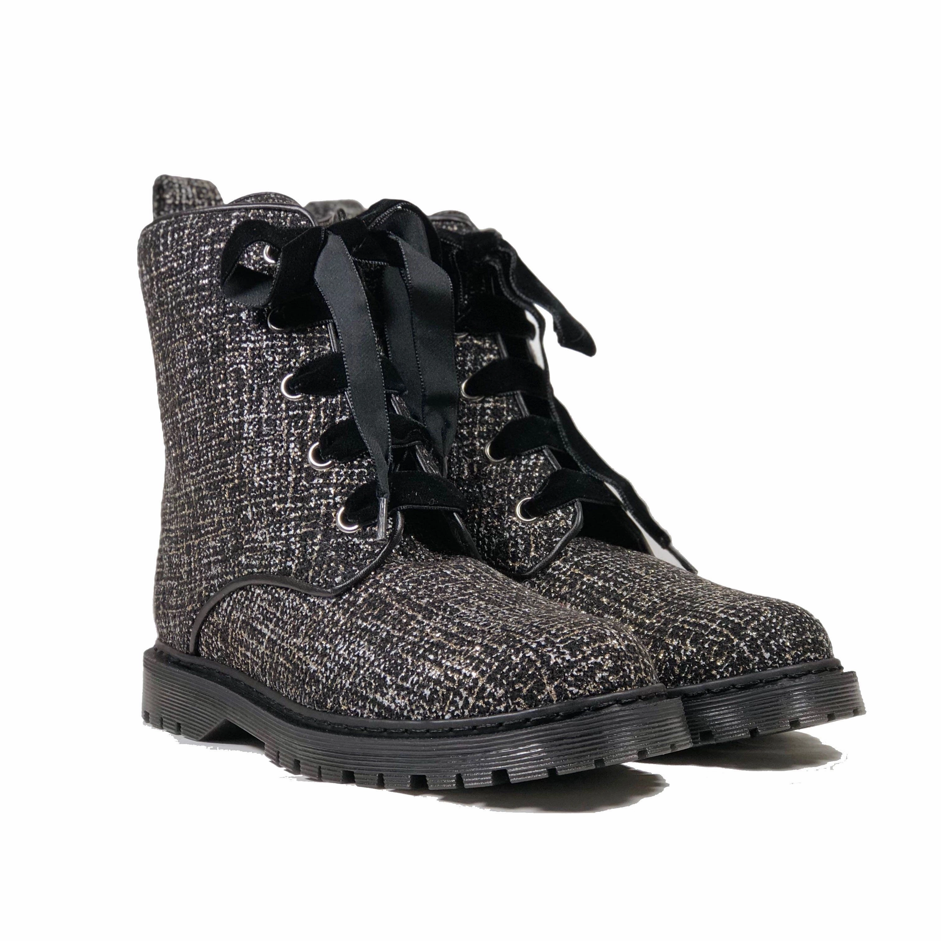 Ladder Lacing Combat Boots 'Billie' vegan combat boots by Zette Shoes - Silver/Black textile