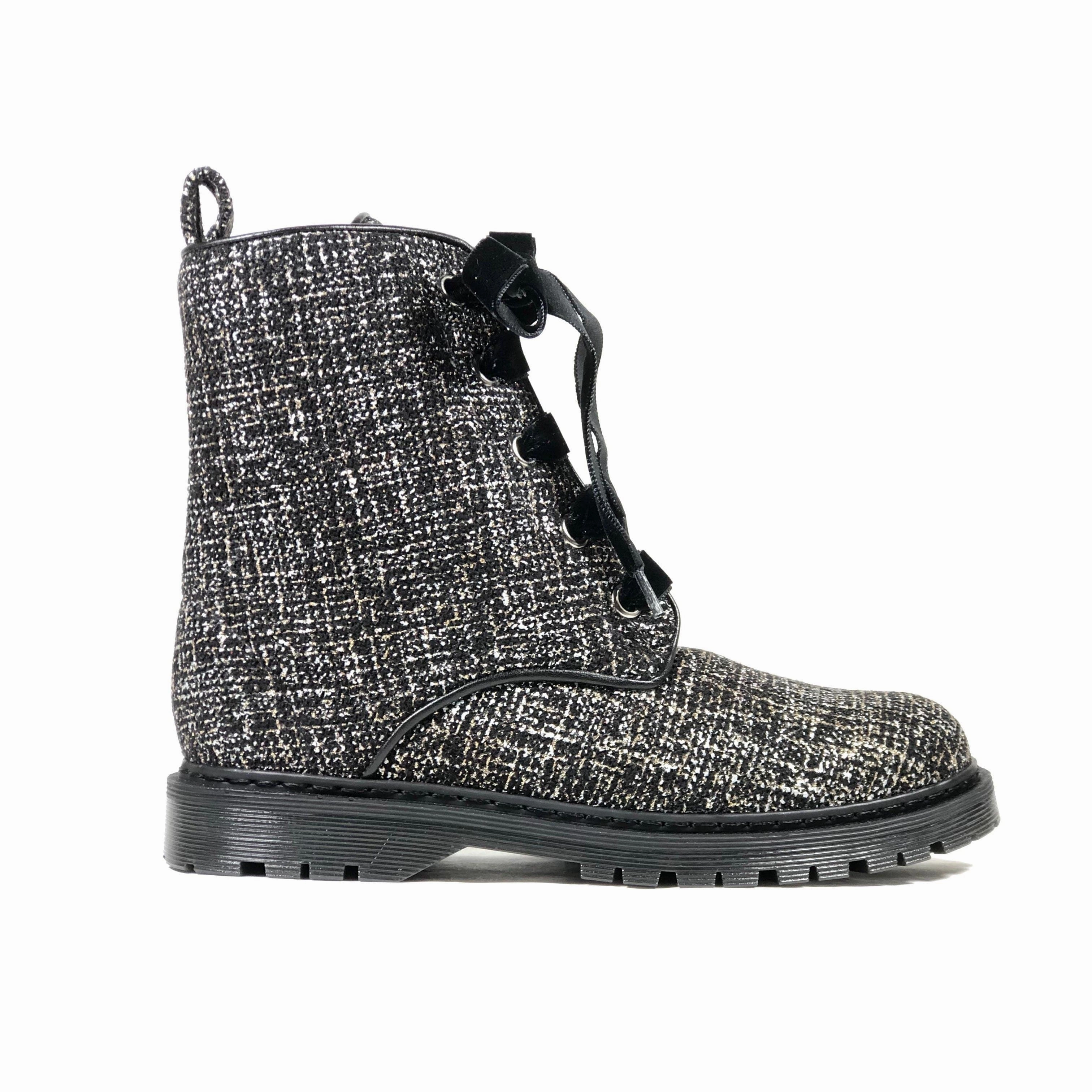 Combat Boots With Black Laces 'Billie' vegan combat boots by Zette Shoes - Silver/Black textile