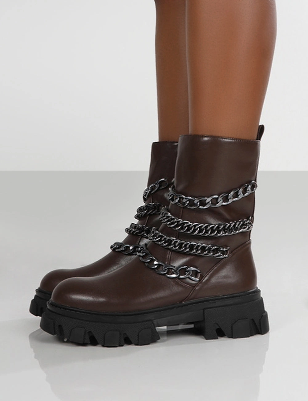 Outfits To Wear With High Knee Boots Restrain Chocolate Pu Chain Detail Platform Chunky Sole Ankle Boot