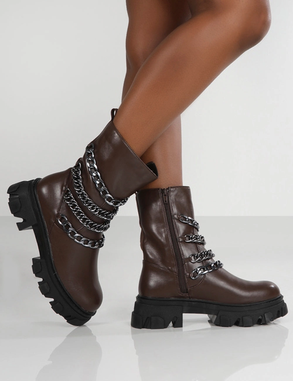 Restrain Chocolate Pu Chain Detail Platform Chunky Sole Ankle Boot Aldo Boots