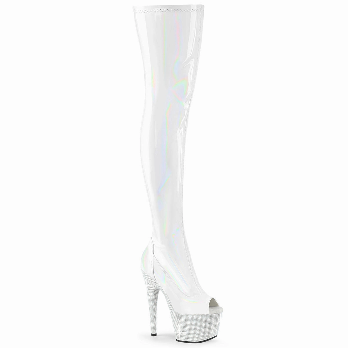 7 Inch Heel BEJEWELED-3011-7 White Stretch Holo Leather Knee High Western Boots