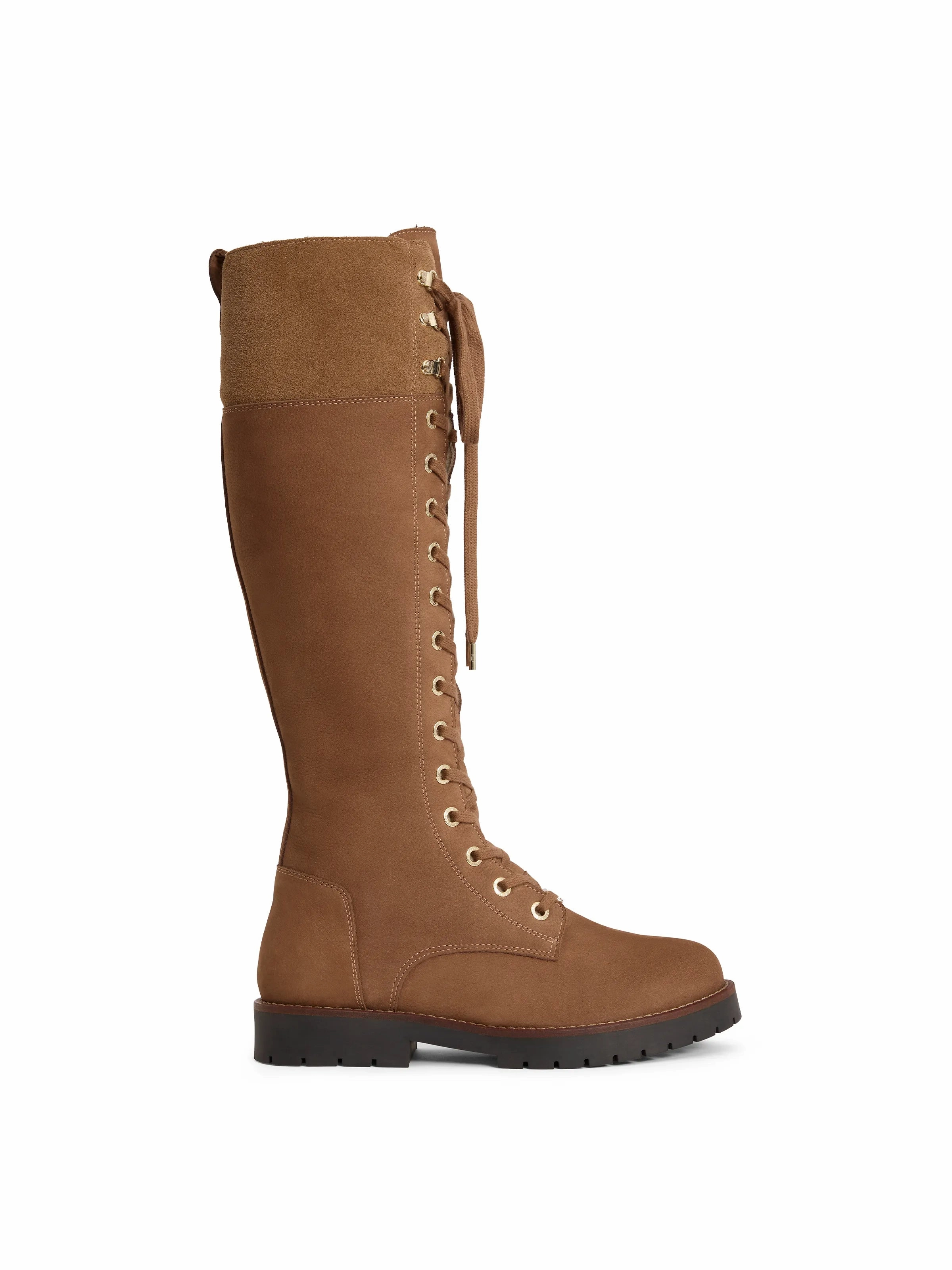 Knee High Shearling Lined Anglesey - Cognac Nubuck Fold Over Wedge Boots