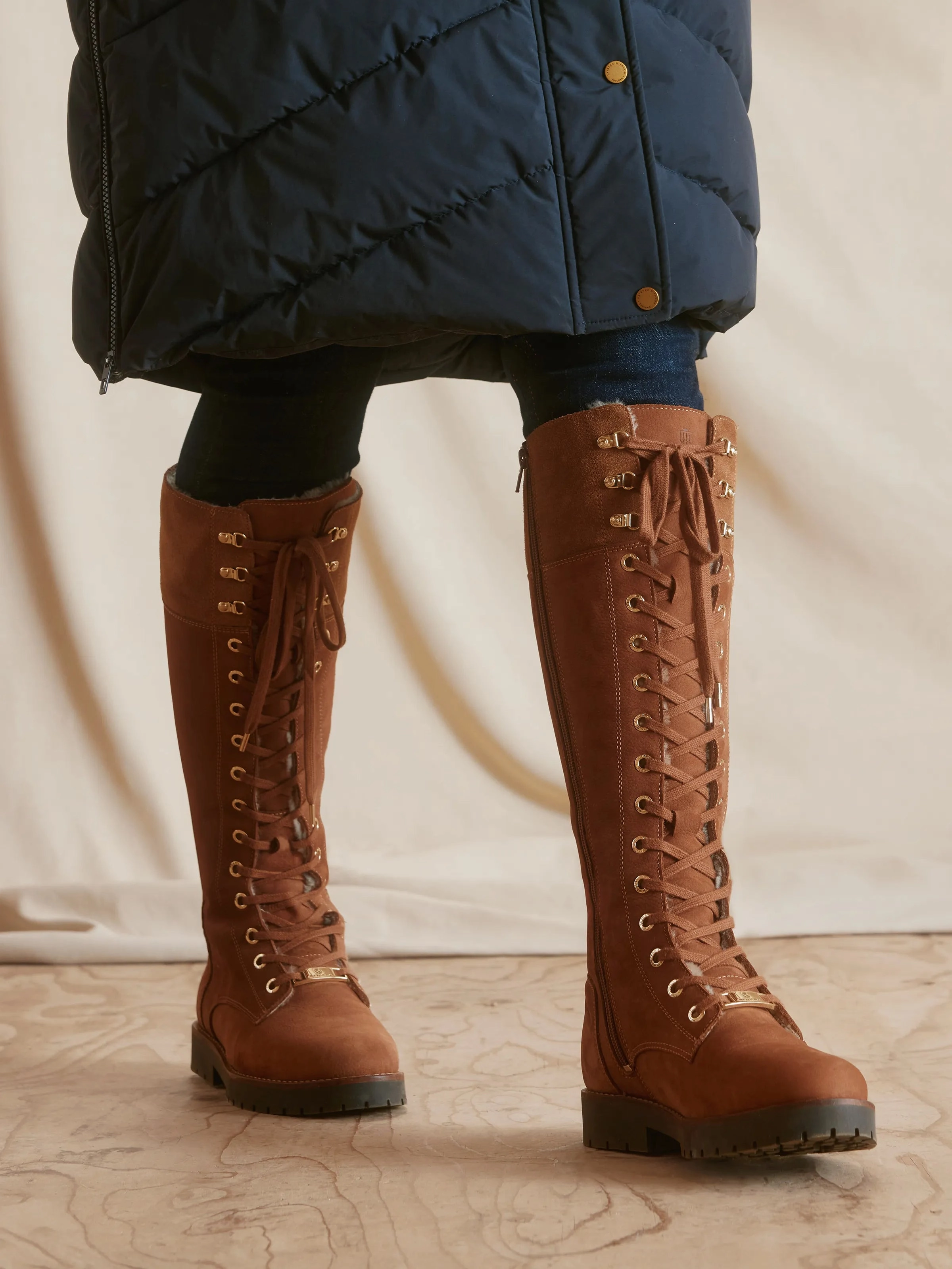 Cherry Boots Knee High Shearling Lined Anglesey - Cognac Nubuck