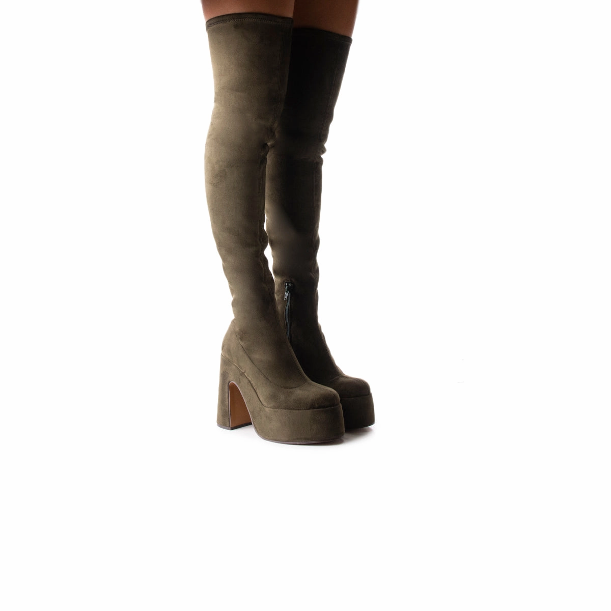 Finesse Dark Green Suede Stretch Wide Calf Moto Boots