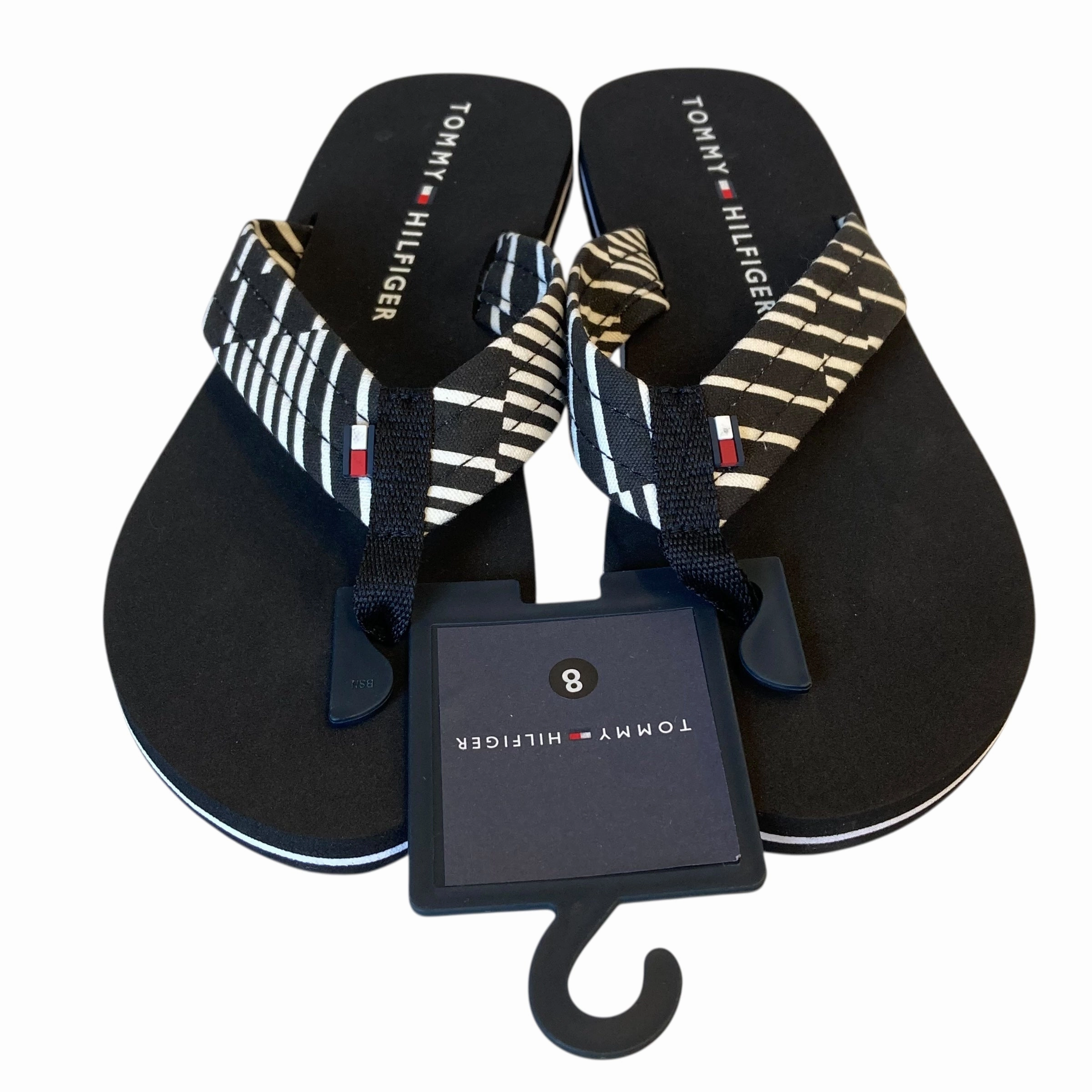 Sandals Flip Flops By Tommy Hilfiger In Black & White, Size:8 Flip Flops With Gems