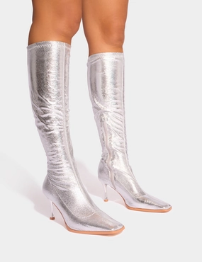 Scorpion Cracked Silver Mid Heel Sock Knee High Boots Cowboy Boots Cheap