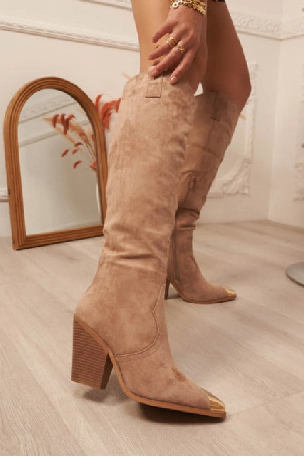 KHAKI SUEDE KNEE HIGH WESTERN METAL POINTED HEEL COWBOY BOOTS Knee High Boots With Detail