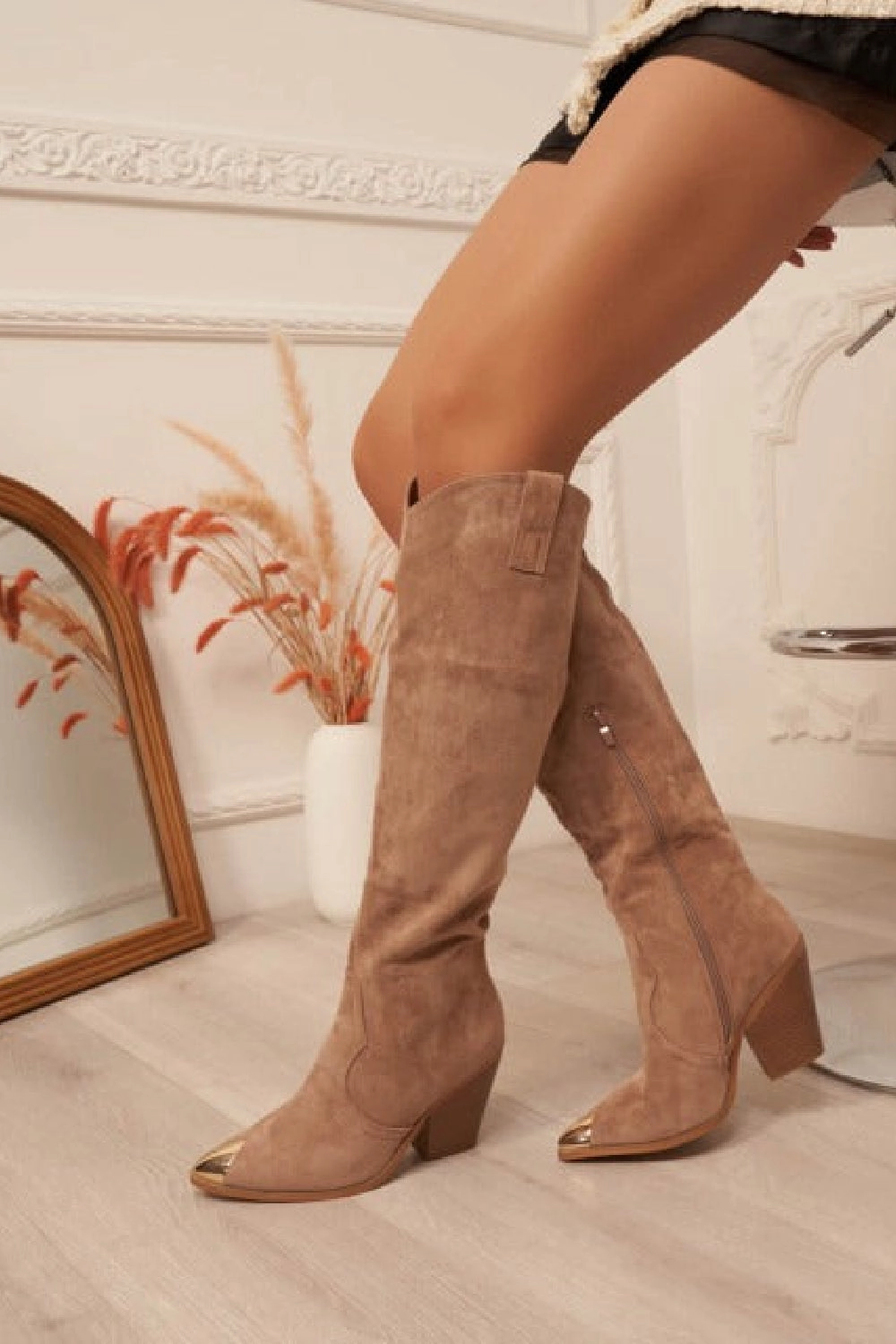 KHAKI SUEDE KNEE HIGH WESTERN METAL POINTED HEEL COWBOY BOOTS Zippered Knee High Boots