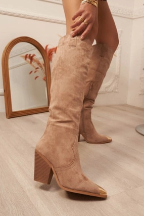 KHAKI SUEDE KNEE HIGH WESTERN METAL POINTED HEEL COWBOY BOOTS Knee High Boots With Stockings