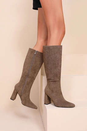 Aurora Khaki Suedette Knee High Boots Comfortable.knee High Boots