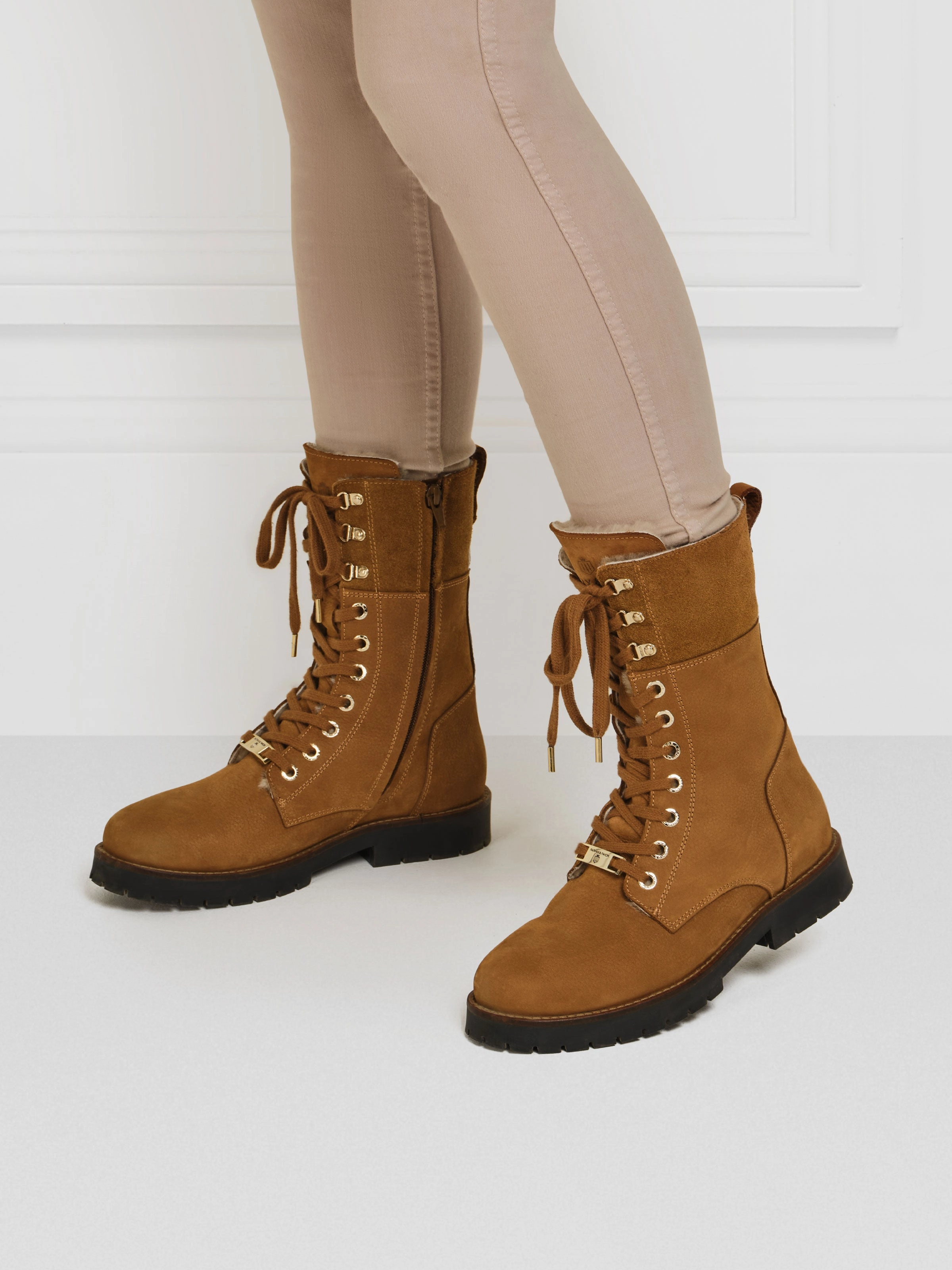 Shearling Lined Anglesey - Cognac Nubuck Combat Boots With Buckle