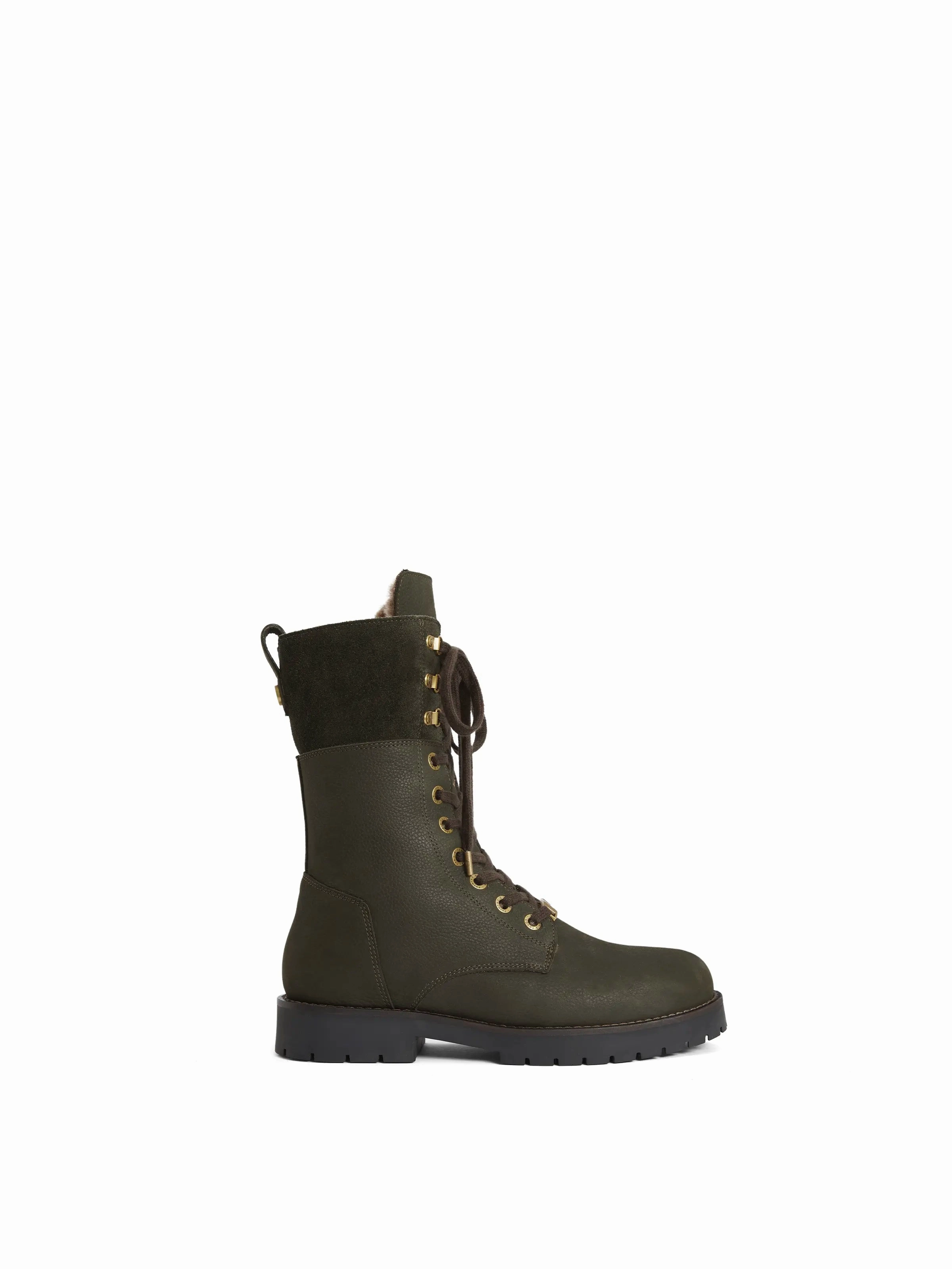 Shearling Lined Anglesey - Moss Green Nubuck Designer Combat Boots
