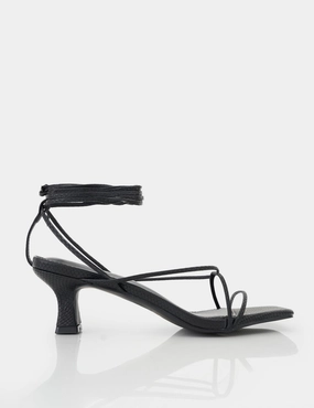 Shibuya Black Snake Texture Pu Square Toe Lace Up Low Heels Teens In High Heels