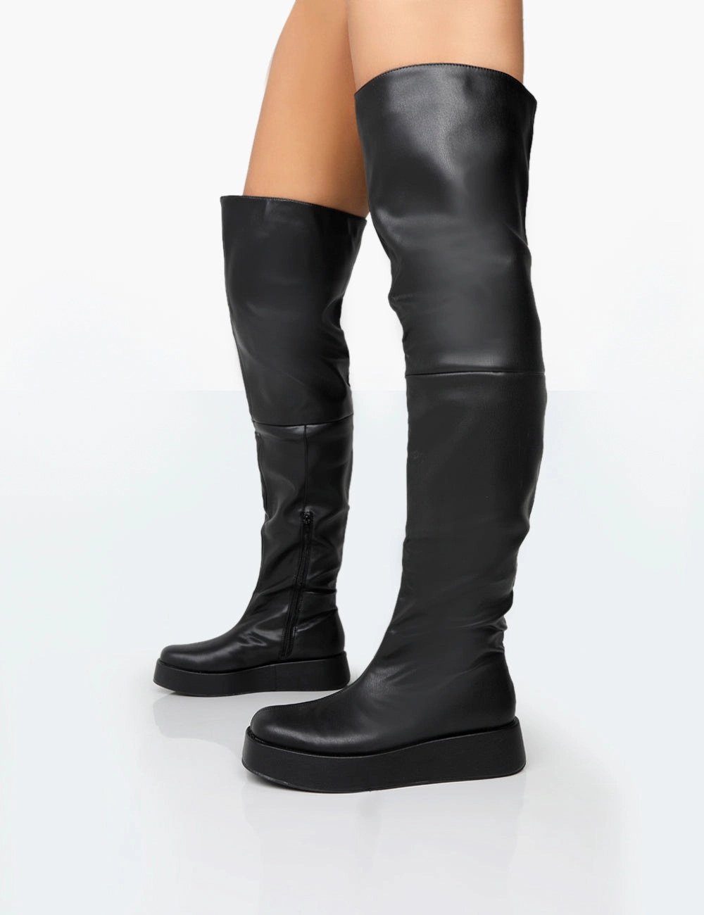 Erica Wide Fit Black Pu Chunky Platform Over The Knee Boots Silver Glitter Boots