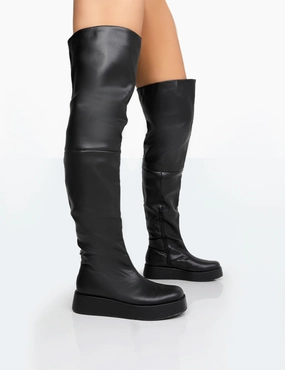Waterproof Snow Boots Sale Erica Wide Fit Black Pu Chunky Platform Over The Knee Boots