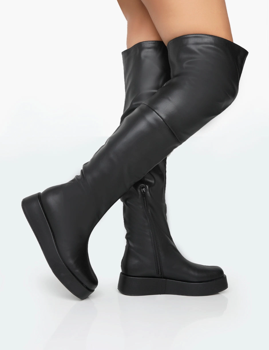Chucks Boots Erica Wide Fit Black Pu Chunky Platform Over The Knee Boots