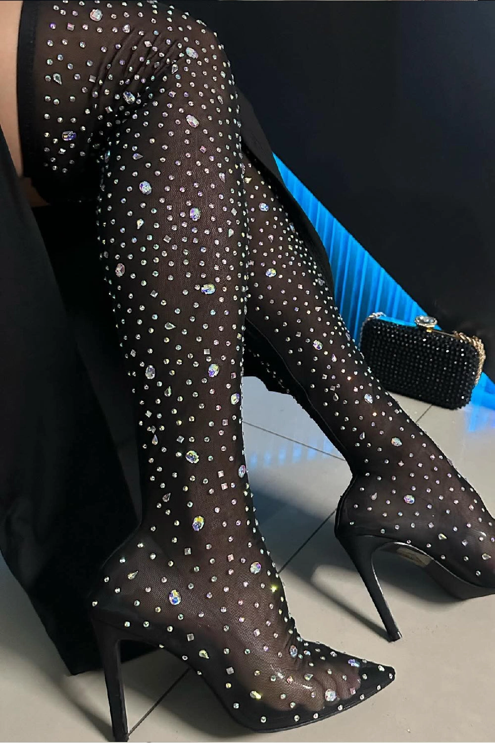 Fur Moon Boots BLACK RHINESTONES KNEE HIGH BOOT (PACK A)