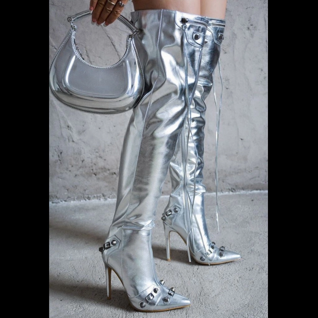 Cowboy Boots Knee High POFIN-2 Silver