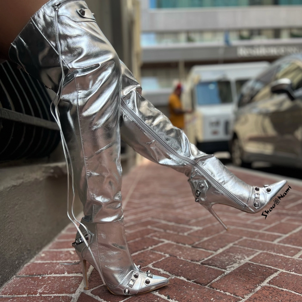 Knee High Cleated Sole Boots POFIN-2 Silver