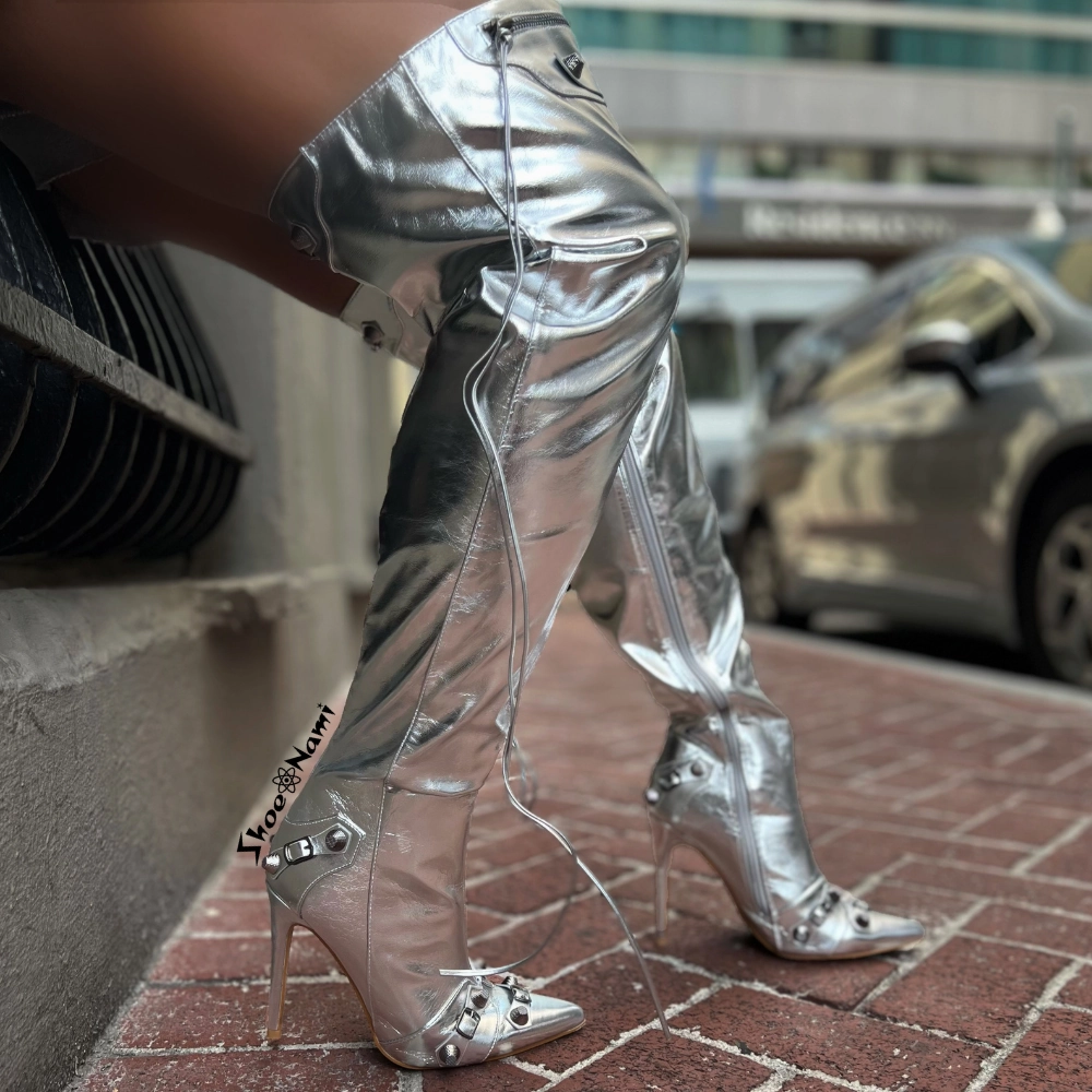 POFIN-2 Silver Chunky Knee High Biker Boots