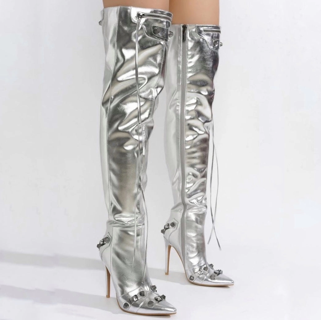 POFIN-2 Silver Knee High Boots With Skirt