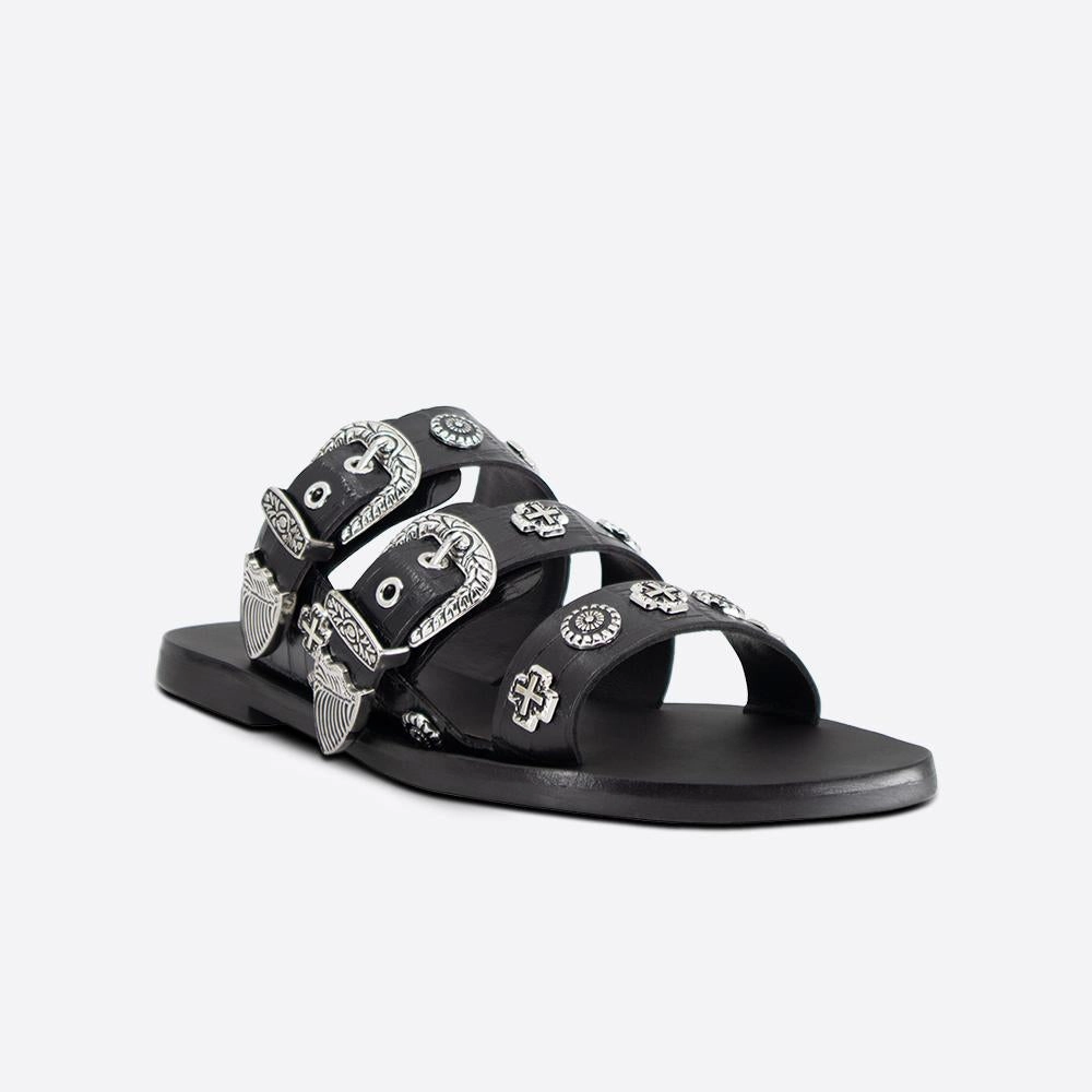 Grippy Slippers Eastwood Slide Black Croc/Silver