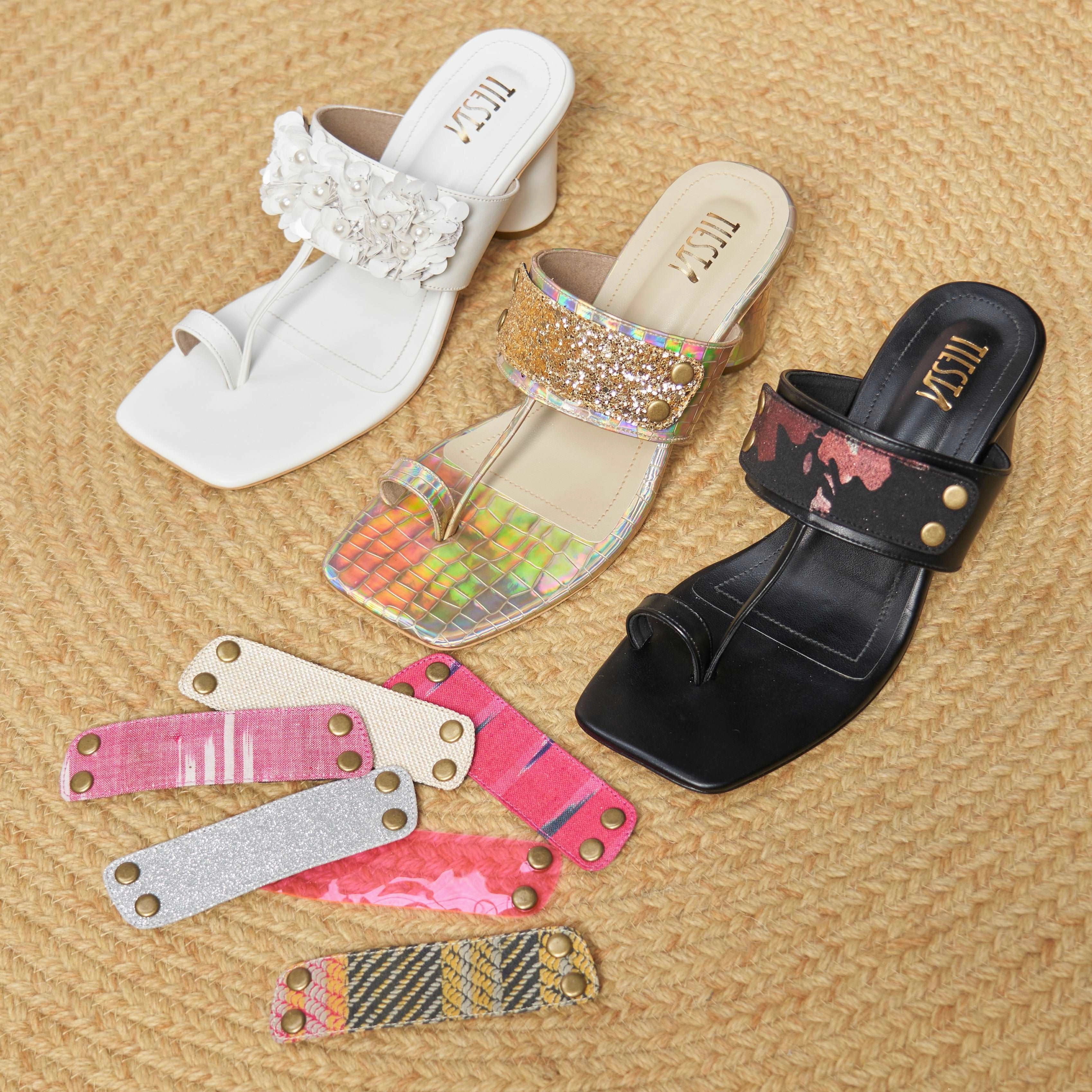 Kolas - White Kolhapuri Block Heels with Changeable Straps Wide Heel Pumps