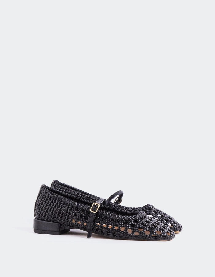 Izaro Black Woven Mary Jane Shoes Block Heel