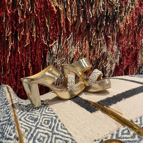 Sparkly Gold (Pearl stones Metallic GOLD Customised Blocks ) Cheap High Heels