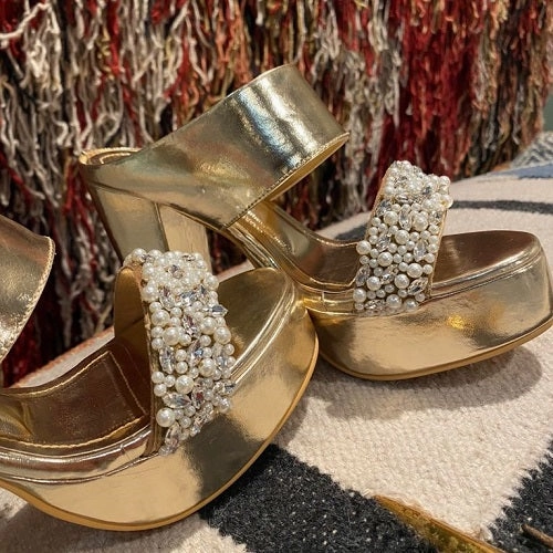 Sparkly Gold (Pearl stones Metallic GOLD Customised Blocks ) Gold Shimmer High Heels