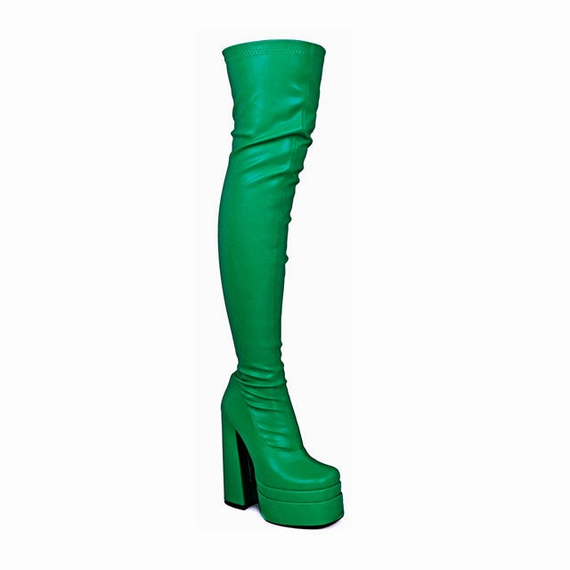 ARI-10 Green Block Pointed Toe Knee High Boot