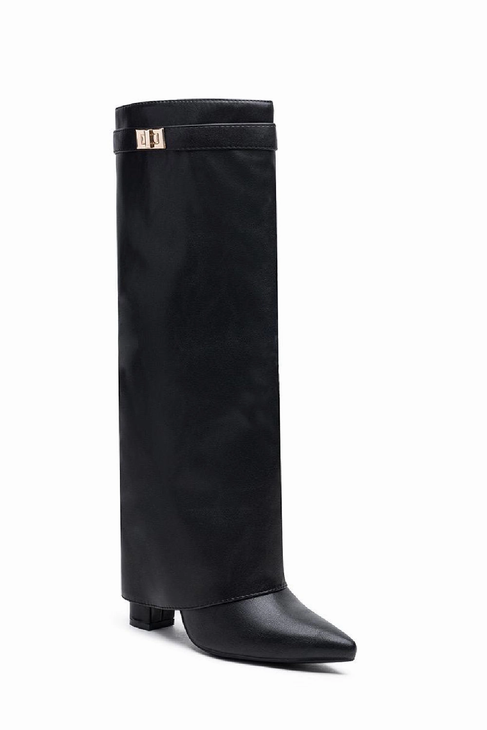 BLACK PU FOLD OVER BUCKLE DETAIL FULL INSIDE ZIP BLOCK HEEL KNEE HIGH SHARK BOOTS (PACK A) Knee High Indian Boots