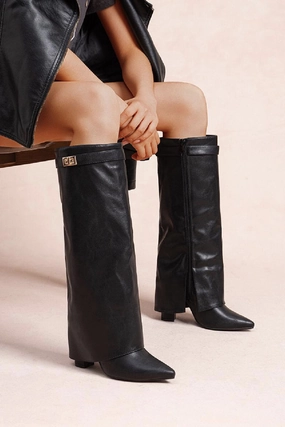 BLACK PU FOLD OVER BUCKLE DETAIL FULL INSIDE ZIP BLOCK HEEL KNEE HIGH SHARK BOOTS (PACK A) Knee High Insulated Waterproof Boots